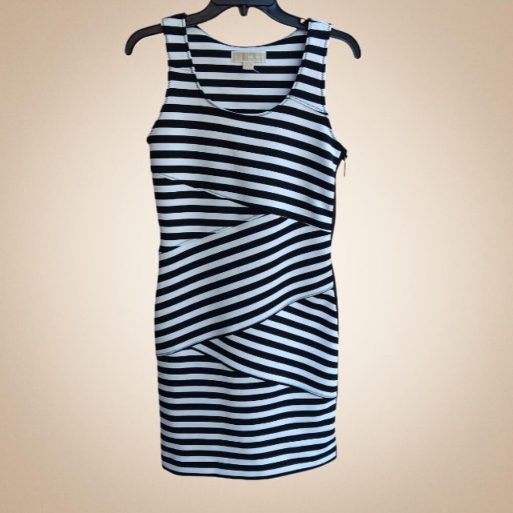 MICHAEL KORS Black White Striped Side Zip Stretch Party SCUBA Bodycon Dress SZ 2